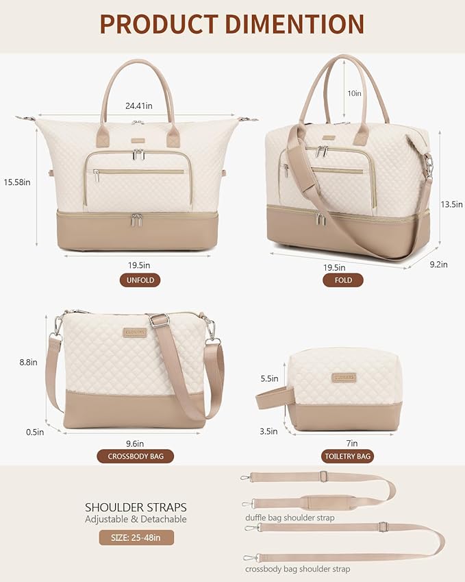 Weekender Bags for Women, Travel Duffle Bag Carry On Overnight Bag with Cosmetics Bag and Crossbody Purse for Gym Hospital, Gifts for Women, Beige Camel
