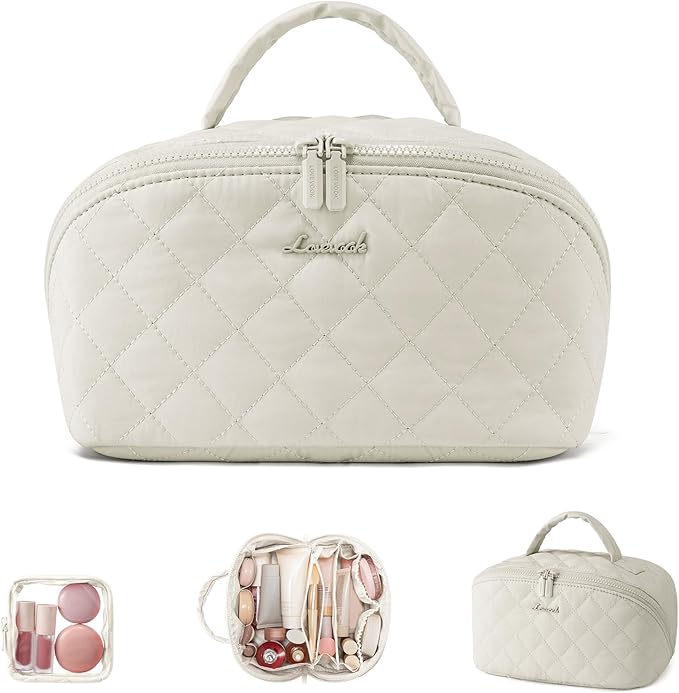 LOVEVOOK Travel Makeup Bag for Women, 2Pcs Puffer Waterproof Cosmetic Organizer, Large Capacity Pouch Open Flat Small Toiletry Bag with Brush Compartment & Handle (Off-white, Medium)