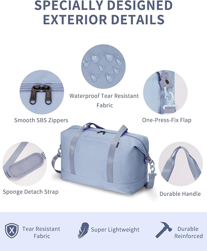 ECOHUB Travel Duffel Bag Water Resistant Weekender Bag Carry On Bags for Women Sport Gym Bags for Men Hospital Bag for Labor and Delivery Overnight Bag Luggage Bag with Trolley Sleeve 30L Grayish Blue