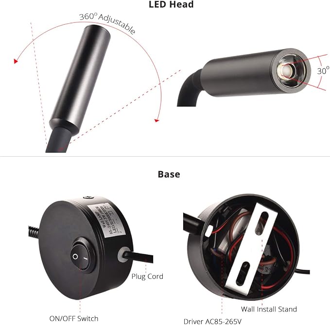 Black Reading Lamps, 25° Focused Beam 3000K Warm White LED Wall Mounted Study Reading Light for Bed Headboard, Flexible Lamp, 4.92ft Plug-in Cord, AC 85-265V