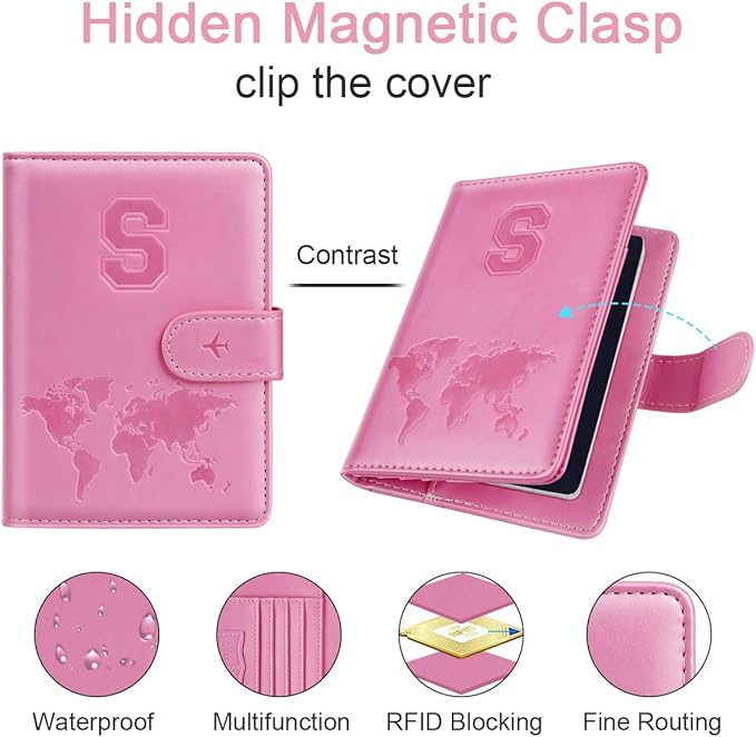 Passport Holder Cover Initail Letter A-Z Travel Wallet Embossed Design RFID Blocking Card Holder Personalized Gift Passport Cover Wallet, Passport Book Holders for Women and Girls, Pink-S