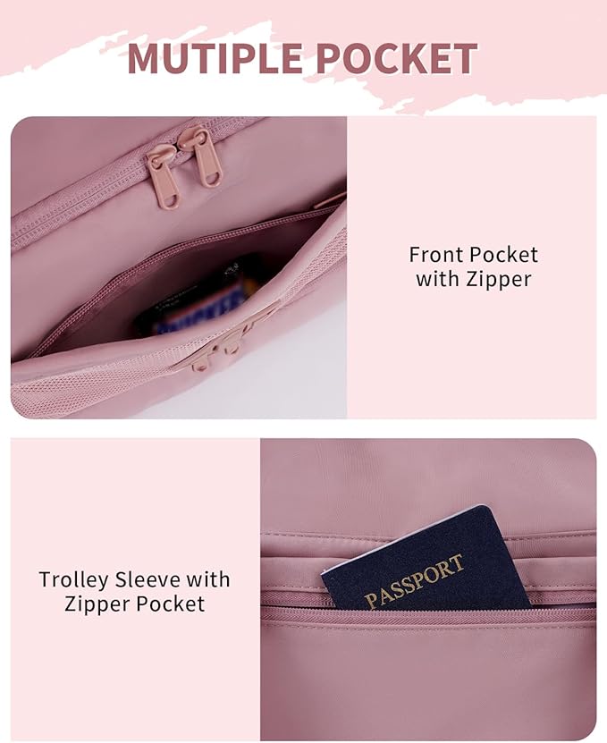 WANDF Travel Duffel Bag with Wet Pocket & Shoe Compartment, 18x14x8 Personal Item Bag with USB Charging Port, Water-Resistant Gym Weekender Overnight Carry-on for Women Men (Pink)