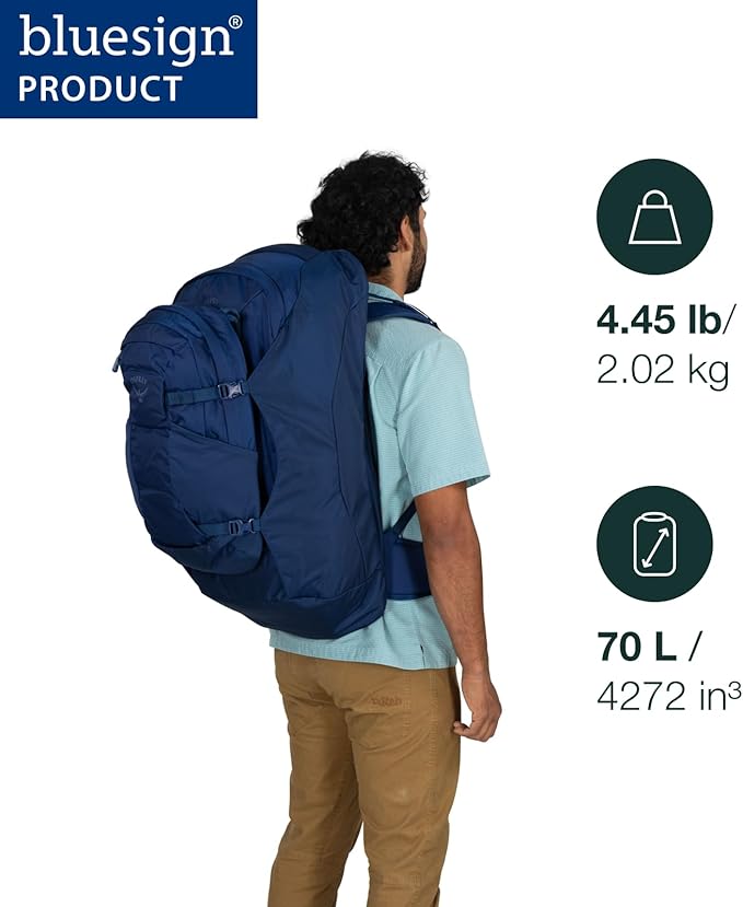 Osprey Farpoint 70L Men's Travel Backpack - Large Adjustable Travel Bag with Detachable Daypack, Cascade Blue/Torrent Blue