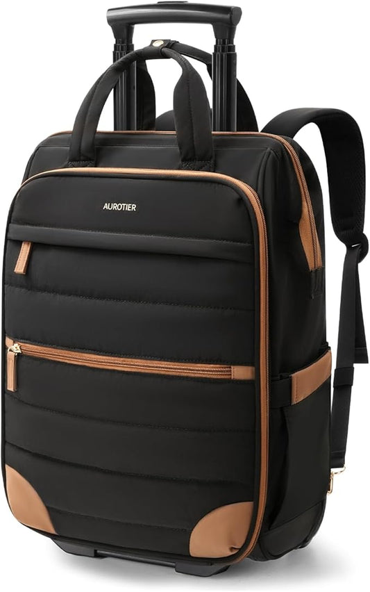 Rolling Puffer Backpack for Women, Travel Backpack with Wheels, 16 Inch Wheeled Laptop Backpck, Dual-Opening Design Overnight College Underseat Carry on Luggage, Roller Business Work Bag, Black Brown