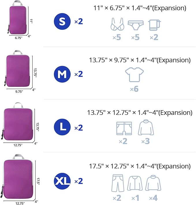 Compression Packing Cubes, 8 Set Packing Cubes for Travel Compression, Lightweight Compressible Package Organizer for Carry On and Suitcases, Purple and Grey