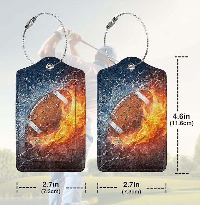 2 Pack Football Luggage Tags Travel PU Cute Leather Sports-Themed Bag Luggage Tag Name ID Labels with Privacy Cover Suitcases Women Men Girls Boys Fun Laggage Tags Identifiers with Cool Fire(football)