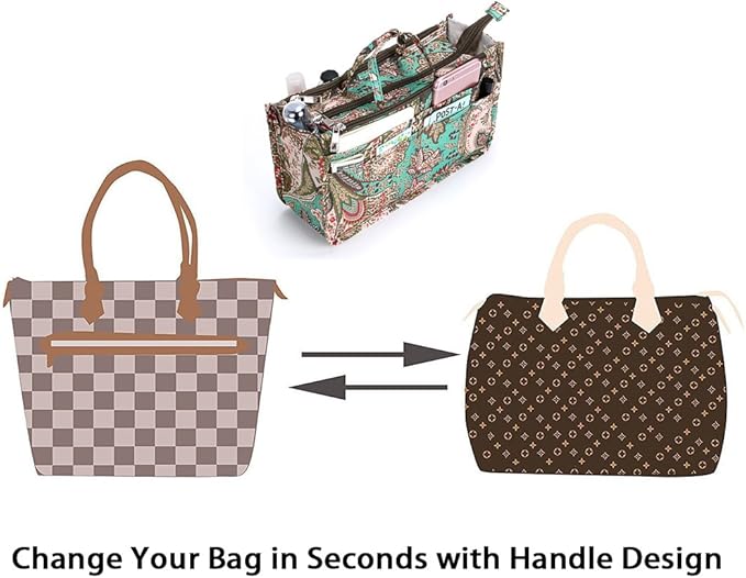 BTSKY New Printing Handbag Organizers Inside Purse Insert-High Capacity 13 Pockets Bag Tote Organizer with Handle Peacock Flower