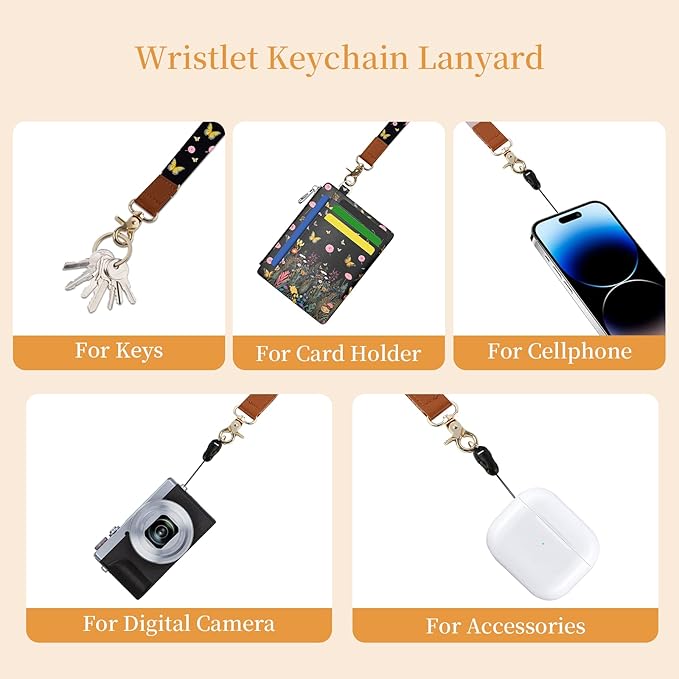 Hancynir Florals Butterfly Slim Wallet Women Credit Card Holder, Flowers RFID Blocking Front Pocket Wallet Wristlet Keychain Lanyard, Small Cute Mini Thin Travel Zipper Coin PU Leather Card Case Gifts