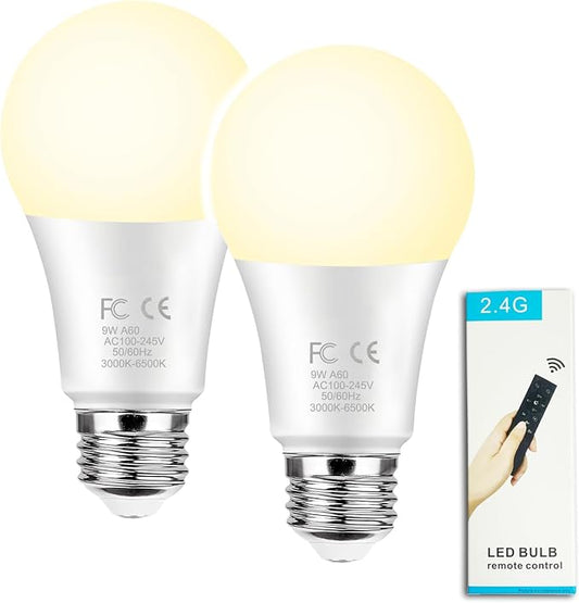 GRV 9W A60 LED Smart Light Bulbs with a 2.4GHz Remote Control,Color Changing,Stepless Dimmable 3000K-6500K,80W Incandescent Lamp Equivalent,800LM E26 Base,Home Decor,2 Bulb & 1 Remote