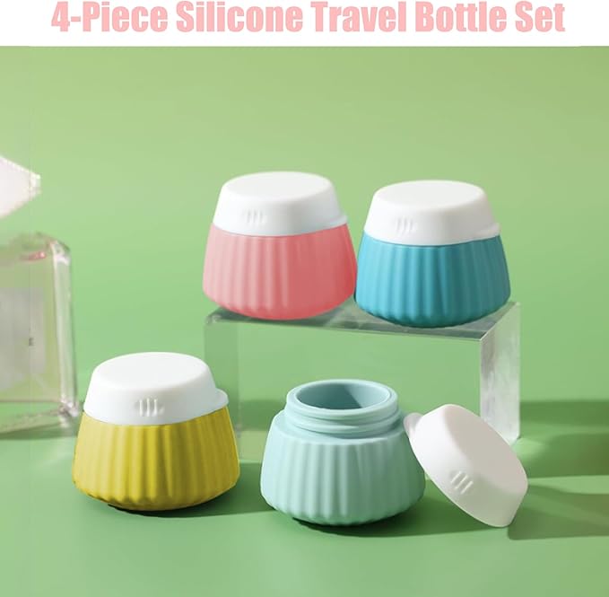 4 Pack Travel Size Silicone Cream Containers, Leak Proof Refillable Toiletry Bottles for Toiletries with 4 Scoops, Labels and Clear Bag, Suitable for Travel Shampoo and Conditioner Bottles (D)