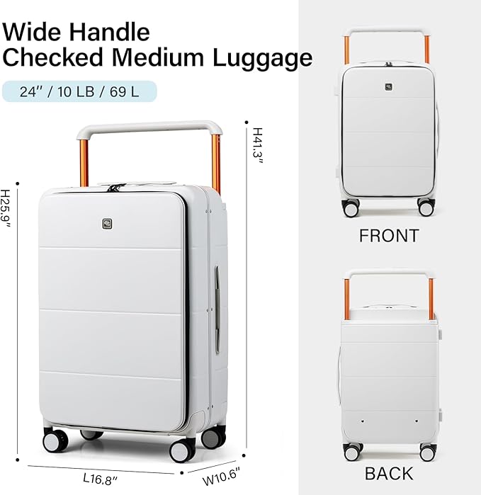 Hanke Top Opening 24 Inch Luggage with Spinner Wheels, Aluminum Frame All-PC Hard Shell Medium Suitcase, Trunk Wide Handle Luggage for Travel, TSA Checked-Medium (Smoke White, 69L)