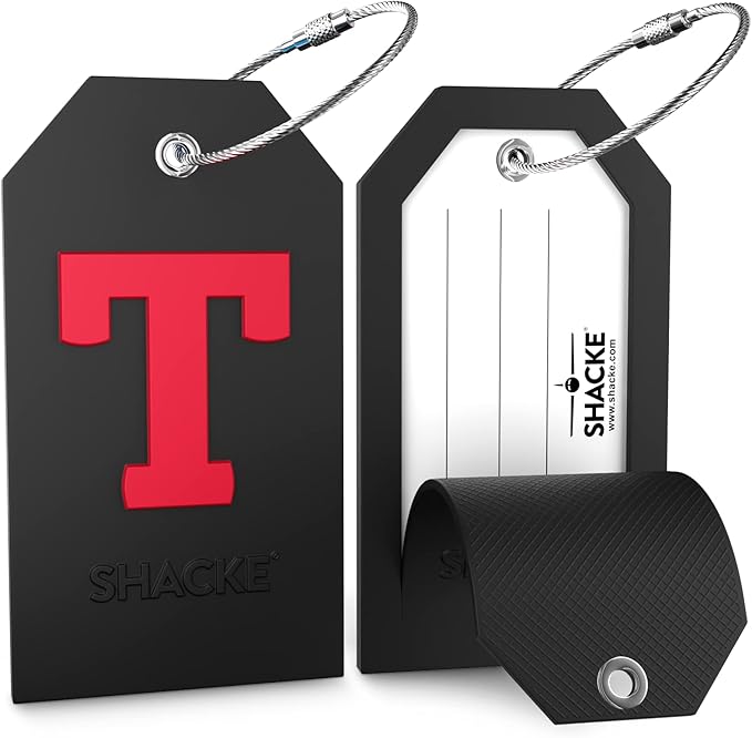 Shacke Initial Luggage Tag with Full Privacy Cover and Stainless Steel Loop - Black (Letter T)
