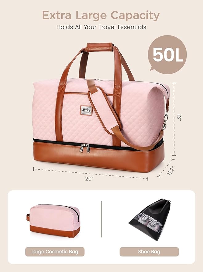 Weekender Bags for Women, Travel Duffle Bag Carry On Travel Bag Overnight Bag with Shoe Compartment Toiletry Bag, Large Weekend Tote Bag Gym Bag Hospital Bag for Labor and Delivery, 50L Quilted Pink