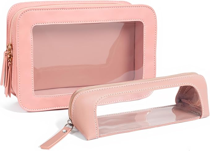 LETGO 2Pack Clear Makeup Bags Set, Small Clear Makeup Bag, PU Leather Travel Makeup Brush Case Portable Transparent Waterproof Cosmetic Organizer Pouch with Zipper for Women(2Pack-White Set)