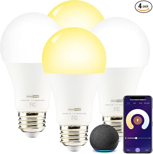 Homevenus HVS Smart Light Bulbs,9W A19 E26 Dimmable Tunable Cool Warm White LED Light Bulb 2500k-6500k, APP Control 2.4GHz WiFi Bluetooth Assist Connection, Work with Alexa/Google Assistant 4 Pack