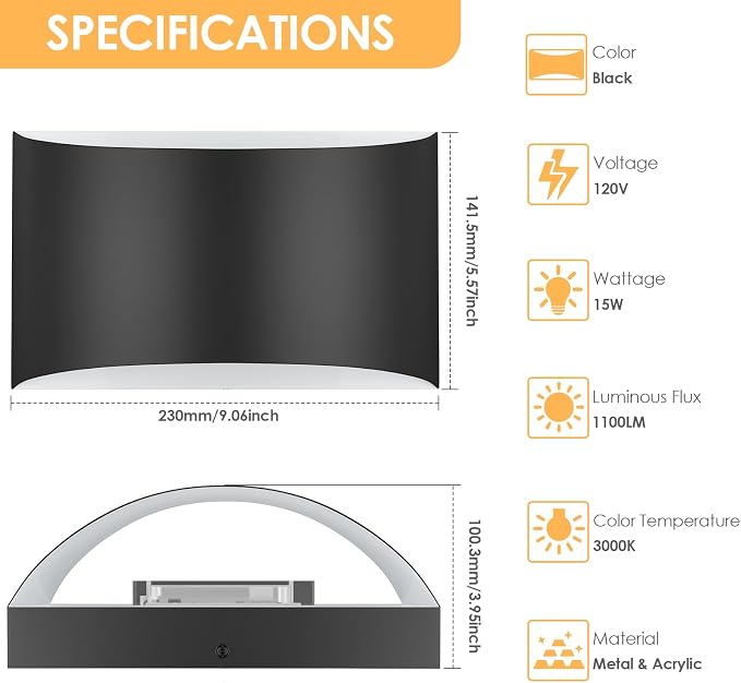 Modern LED Wall Sconces Set of 2, 3000K Large Black Wall Light Fixture | Up and Down Wall Mount Light, Interior Indoor Sconces Wall Lighting, Hardwired Wall Lamp for Living Room Bedroom Hallway