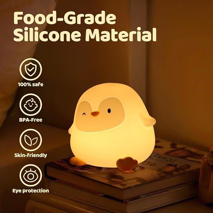 Rytinazzz Silicone Night Light for Kids, 50H Long Battery Penguin Lamp, Gift for Kids, Rechargeable Tap Control, Soft Dimmable Bedside Light with Timer