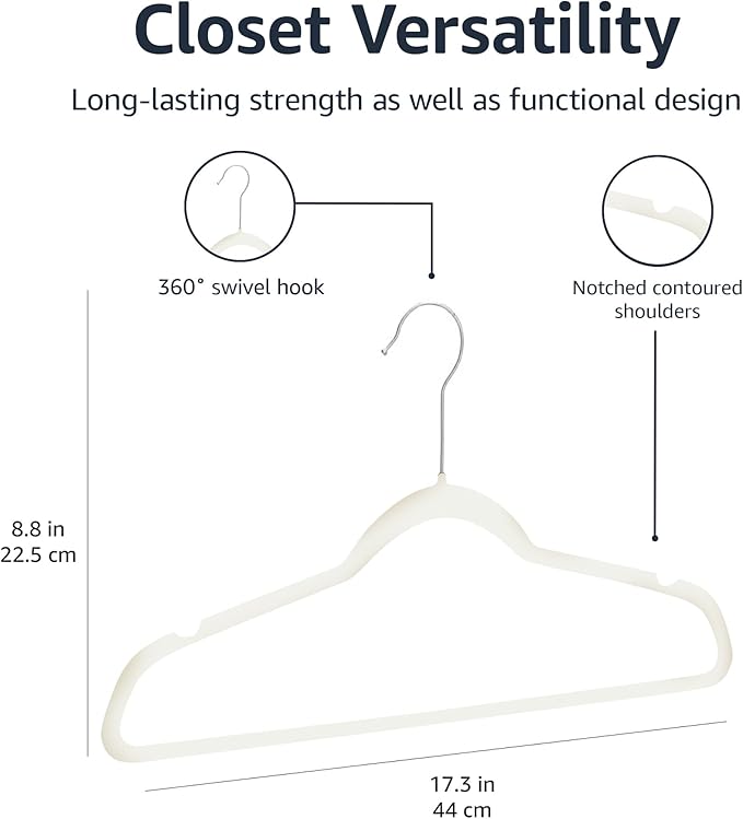 Amazon Basics Slim Velvet Non-Slip Space Saving Suit Clothes Hangers for Closet Organization, Ivory/Beige, 100-Pack