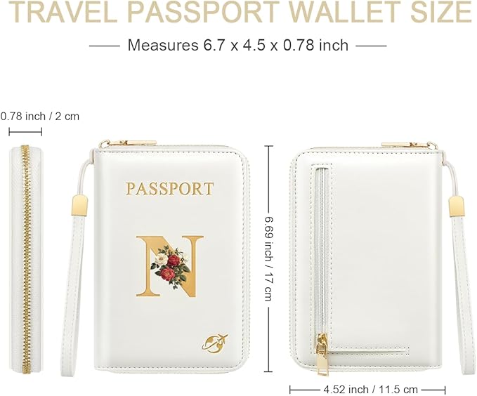 Passport Holder for Travel Personalized Passport Holder Initial Letter Rose Flower RFID Blocking Travel Wallets Credit Cards Holder for Women Men, White N