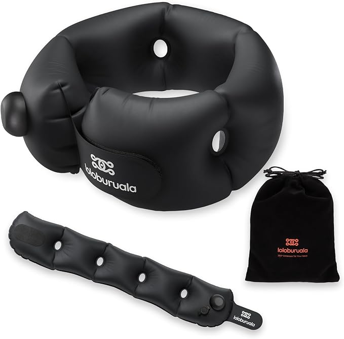 Inflatable Neck Pillow, Portable Travel Neck Pillow Airplane, Storable Black Neck Pillows Travel with Washable Cover, Adjustable Air-Fill Support