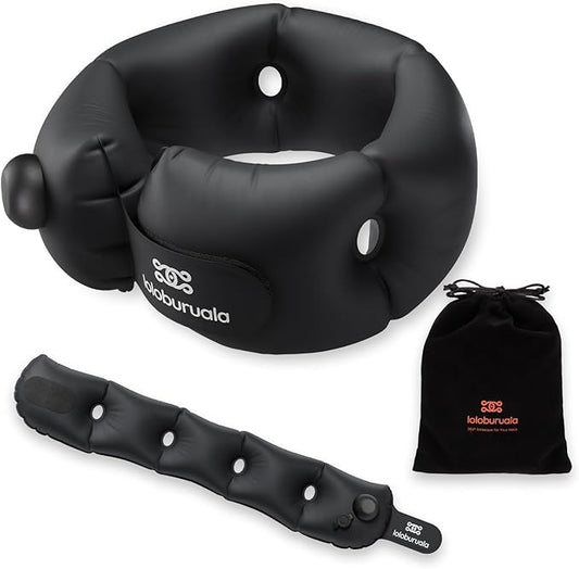 Inflatable Neck Pillow, Portable Travel Neck Pillow Airplane, Storable Black Neck Pillows Travel with Washable Cover, Adjustable Air-Fill Support