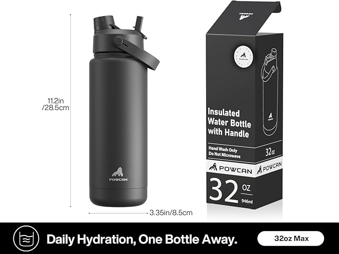 POWCAN 32 oz Insulated Water Bottle with 2-in-1 Straw and Spout Lid, Keep Cold 24H, Leak-Proof, BPA-Free, Double Wall Stainless Steel Water Bottle for Sports, Gym, Travel and School (Moonlight Garden)