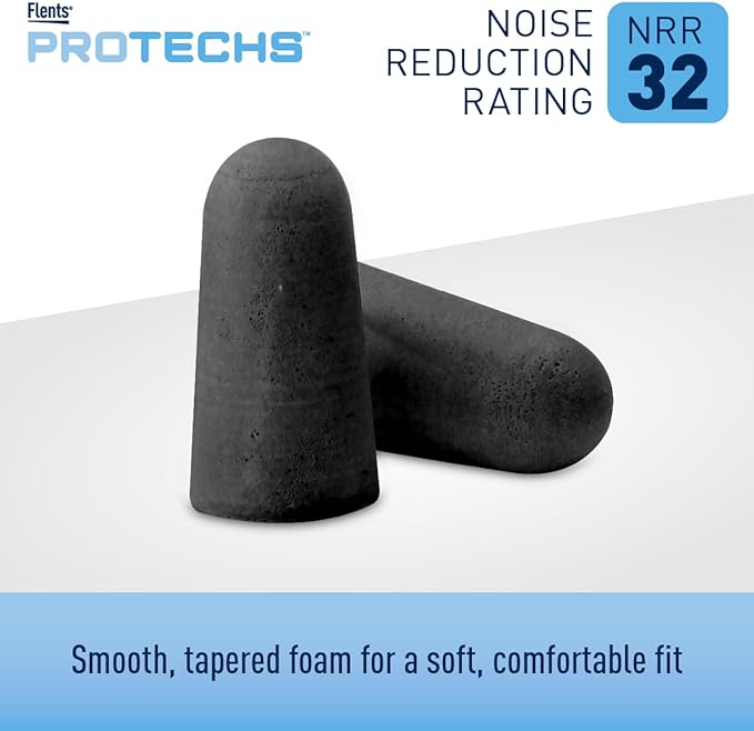 Flents Protechs Foam Ear Plugs for Sleeping, Snoring, Traveling, Concerts, Construction & Studying, Ultra Soft & Comfortable, Black, 50 Pairs, NRR 32 Hearing Protection for Loud Noise