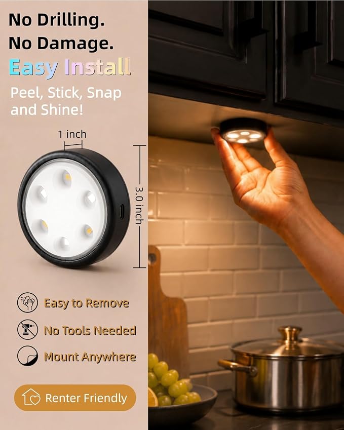 Puck Lights with Charging Station, 2000mAh Rechargeable Under Cabinet Lighting, 3 Color Temps & 7 RGB Colors, Magnetic Closet Light with Remote, Black Wireless Puck Light for Kitchen, Shelf (4 Pack)