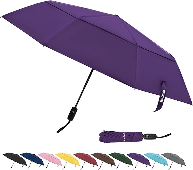 TradMall Travel Umbrella, 42/45 Inches Double Vented Canopy Windproof Automatic Strong Compact Folding Umbrellas for Rain Women and Men