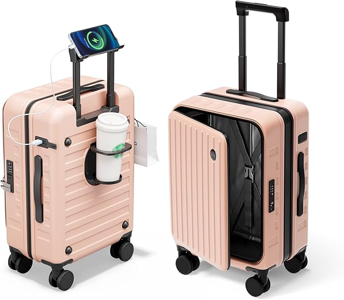 Expandable Lightweight PC Hard Shell Suitcase, 20-inch Luggage with TSA Lock, Top Opening & Cup Holder - Ideal for Business Travel Suitcase (Pink, Carry-on 20-Inch)