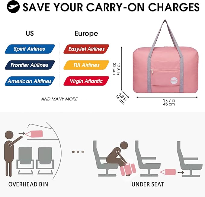 WANDF For Spirit Airlines Personal Item Bag 18x14x8 Travel Duffel Bag Underseat Foldable Carry-on Luggage for Women