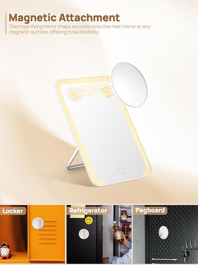 OMIRO Lighted Makeup Mirror with 10X Magnifying Mirror, 8 x 5 inches Desk Mirror with Adjustable Stand and 3 Lighting Modes for Shaving and Travelling, White