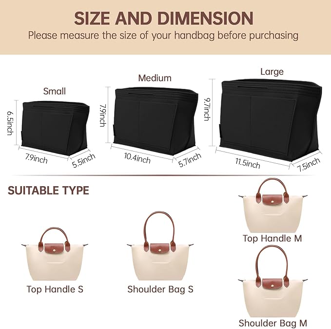 OPPOSHE Purse Organizer Insert for Longchamp Le Pliage, Premium Felt Long Champ Bag Handbag Women, Tote Organizer Insert with 9 Compartments (Medium, Black)