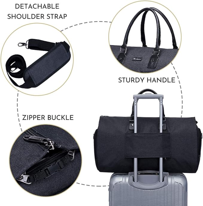 Modoker Convertible Garment Bag with Shoulder Strap, Carry on Garment Duffel Bag for Men Women - 2 in 1 Hanging Suitcase Suit Travel Bags, Jet Black
