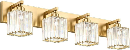 Gold Crystal Bathroom Vanity Light, 4-Light Modern Bathroom Lighting Fixtures Over Mirror,Chrome Wall Sconce Light Fixtures with Square Shade