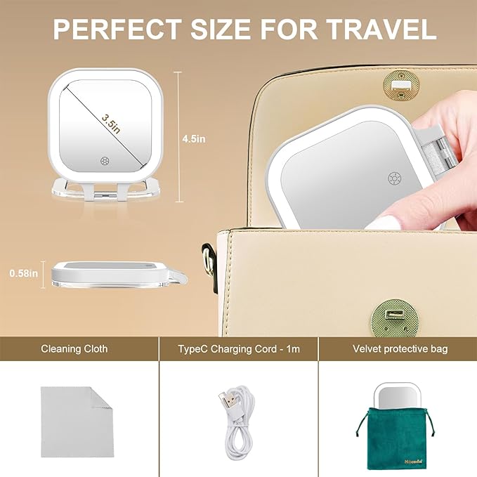 Mocado Compact Travel Makeup Mirror, 1X/10X Magnifying Mirror with Light, Double Sides Compact Mirror with 3 Color Light, Dimmable Handheld Mirror, Rechargeable Travel for Purse,Pocket(White)
