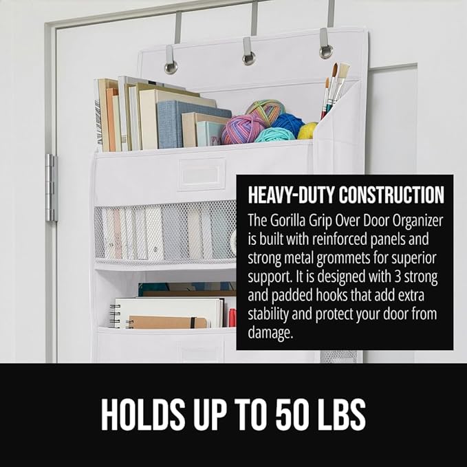 GORILLA GRIP Over The Door Organizer Storage, 5 Deep Hanging Shelves, Holds 50lbs, Closet Organizers Shelf for Bedroom, Shoes, Bathroom, Nursery, Dorm Essentials, 3 Metal Hooks, 58x15 Inches, White