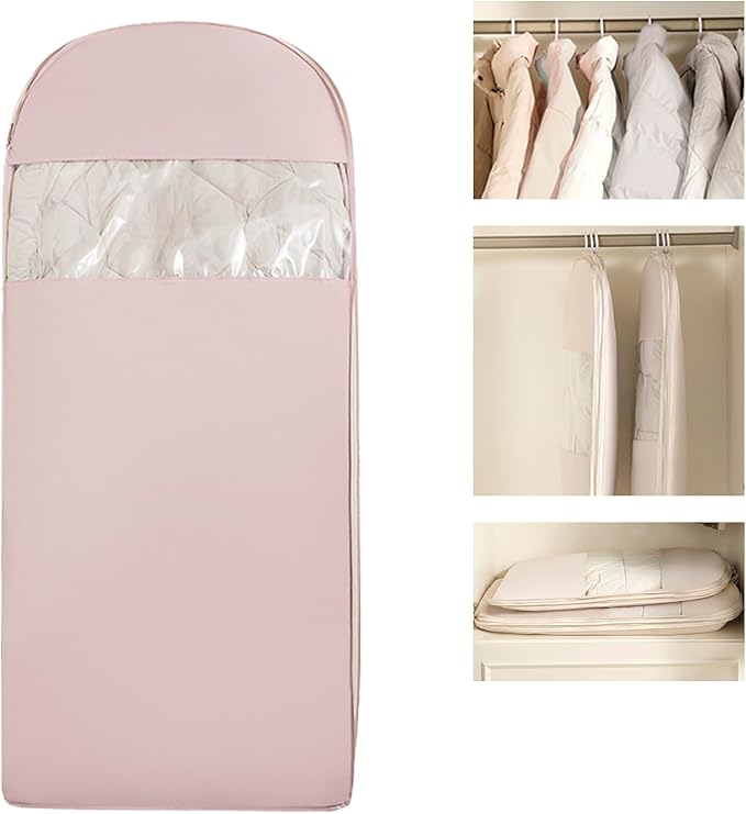 Space Saving Hangable Garment Bag with Self Compression Zipper - Organizer for Closet(Pink，L)