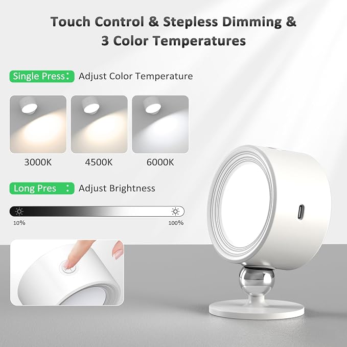 Racokky LED Wall Lights 3 Pcs with Remote, Wall Sconces Lamp 3000mAh Rechargeable Battery Operated, 3 Color Temperatures & Dimmable Magnetic 360° Rotation Cordless Light for Bedroom Reading(White)