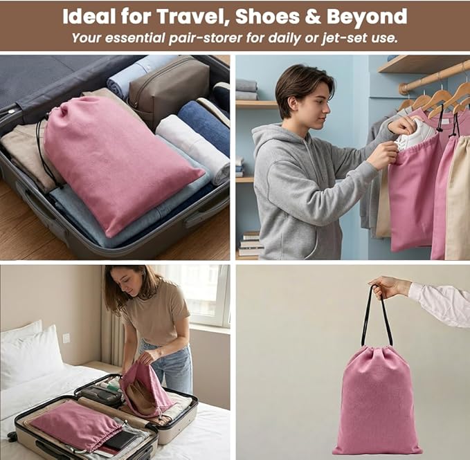 LFH Cotton Rich Shoe Storage Bags with Drawstring, Dustproof Breathable Reusable Organizer, Perfect For Travel, Dorm, Hotel, College, Gym, Easy to Carry, Machine Washable 12"x17" (Pack of 2) - Pink