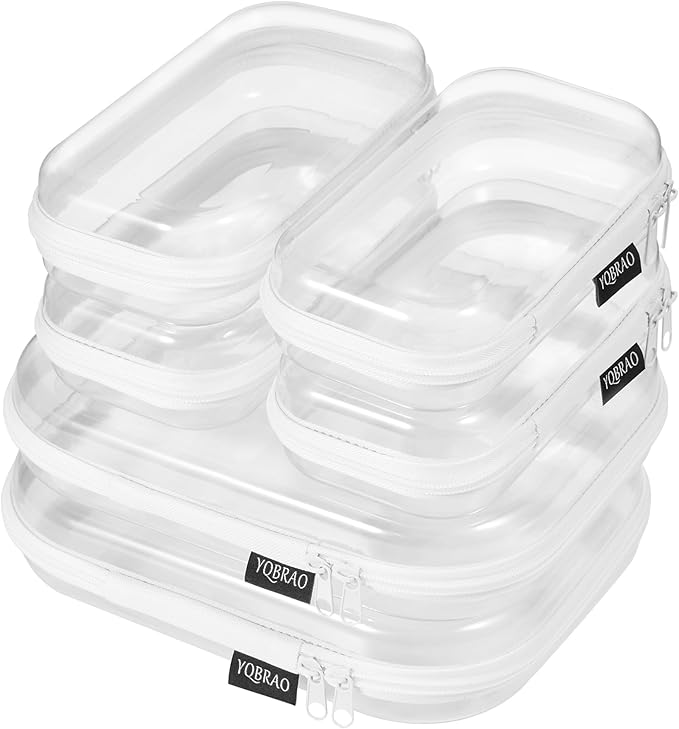 YQBRAO 6 Pack Clear Hard Shell Zipper Case (4 Small & 2 Medium), Hard Plastic Organizer Pouches for Travel, Small Items, Makeup, Electronics & Art Supplies - Crush-Resistant & Waterproof Storage
