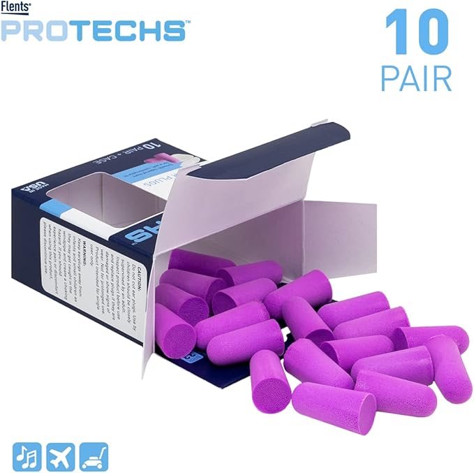 Flents Protechs Foam Ear Plugs, 10 Pair with Case for Sleeping, Snoring, Loud Noise, Traveling, Concerts, Construction, Studying, Work, Shooting, NRR 33, Purple, Disposable, Made in the USA