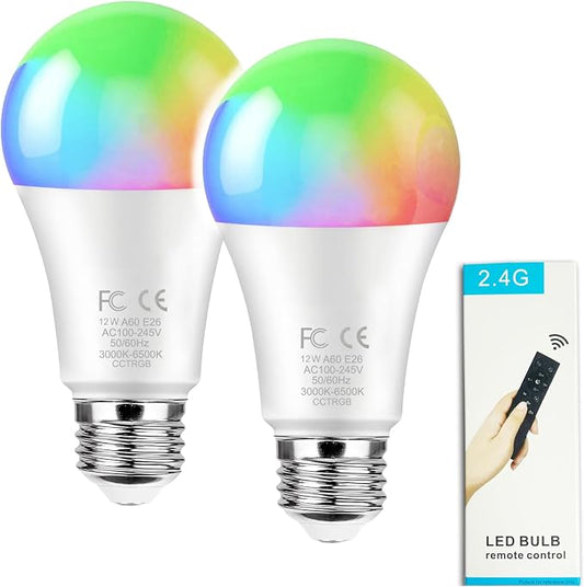 GRV 12W A60 Smart LED Light Bulb with a 2.4GHz Remote Control,RGBCW Color Changing,Stepless Dimmable 3000-6500K,100W Incandescent Lamp Equivalent,1000LM CRI>80,E26 Base,Home Decor,2 Bulbs & 1 Remote