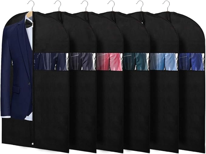 KEEGH 40" Suit Bags Garment Bags for Storage (Set of 6) Garment Bags for Hanging Clothes, Suit Cover Bags Garment Covers for Dress Shirts Coats Clean with Zipper and Transparent Window, Black