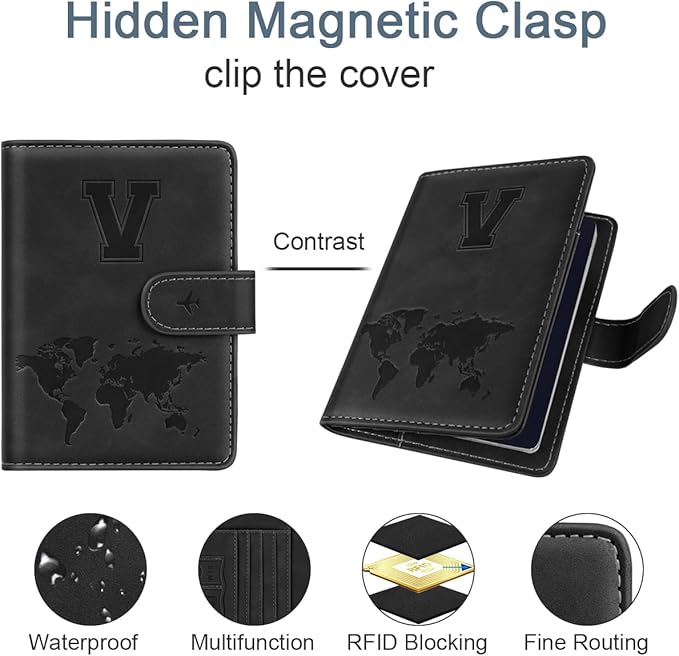 Passport Holder Wallet Cover Personalized Letter A-Z Travel Wallet RFID Blocking Passport Cover Wallet Case for Travel Passport Book Holders for Women and Men, Black-V