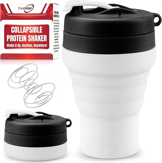 Protein Shaker Bottle Collapsible - Food-Grade, Leakproof Lid 600mL/20oz Shaker - Reusable Silicone Shaker Cups for Protein Shakes for Gym-goers & Travelers