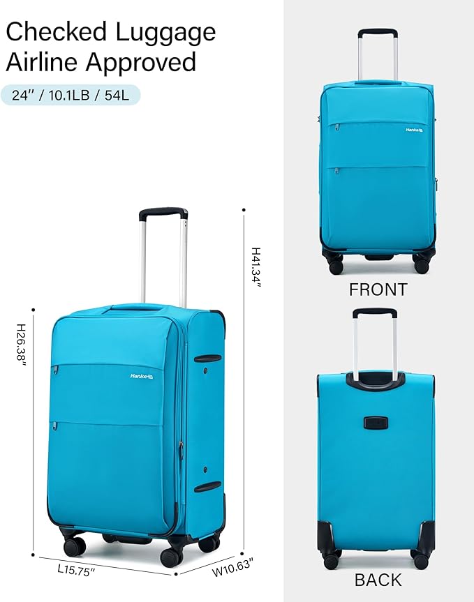 Hanke 24 Inch Expandable Luggage Large Suitcases with Wheels Softside Checked Luggage Rolling Suitcase with Lock Lightweight Travel Luggage for Men and Women 24 Inch Luggage.(Caribbean Blue)