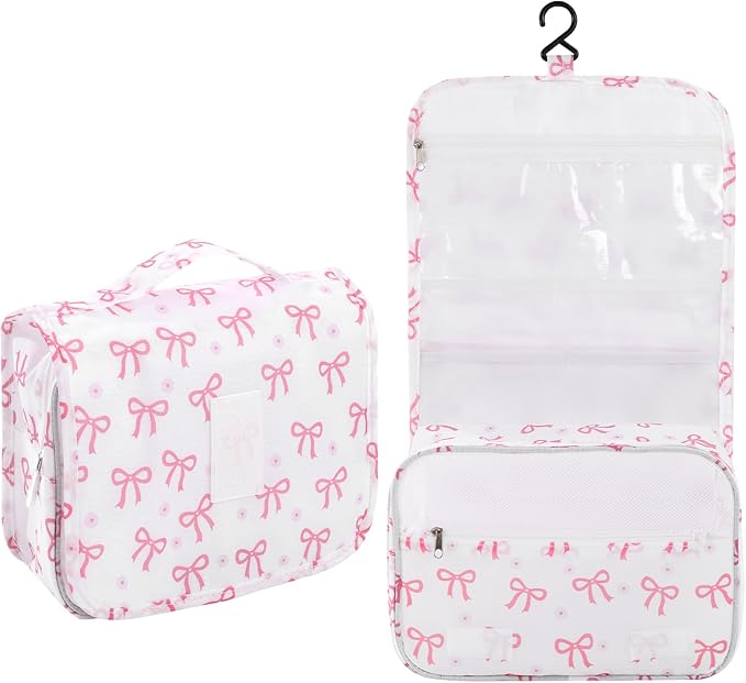 Pengxiaomei Hanging Toiletry Bag, Pink Bow Waterproof Cosmetic Bag Portable Makeup Pouch Wash Bag with Handle for Kids Teen Girls Tea Party Spring Party Mothers Day Gifts