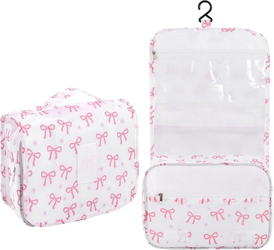 Pengxiaomei Hanging Toiletry Bag, Pink Bow Waterproof Cosmetic Bag Portable Makeup Pouch Wash Bag with Handle for Kids Teen Girls Tea Party Spring Party Mothers Day Gifts