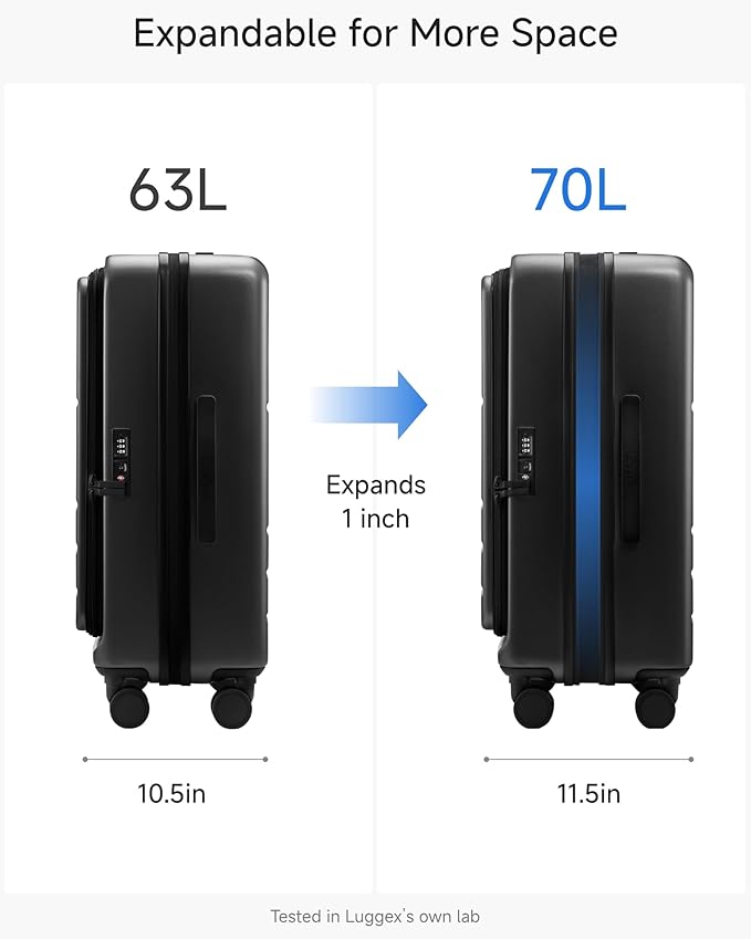 LUGGEX Checked Luggage Top Opening, FLT Expandable Polycarbonate Hard Shell Suitcase with Wheels (FX-Lite, Black, 24 Inch, 63L-70L)